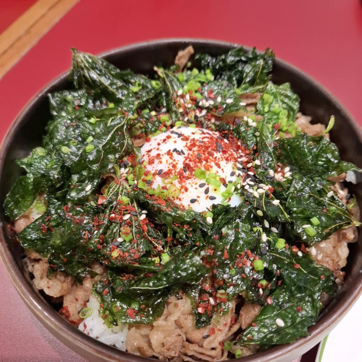 Gyudon w/ Sweet Potato Leaves on top