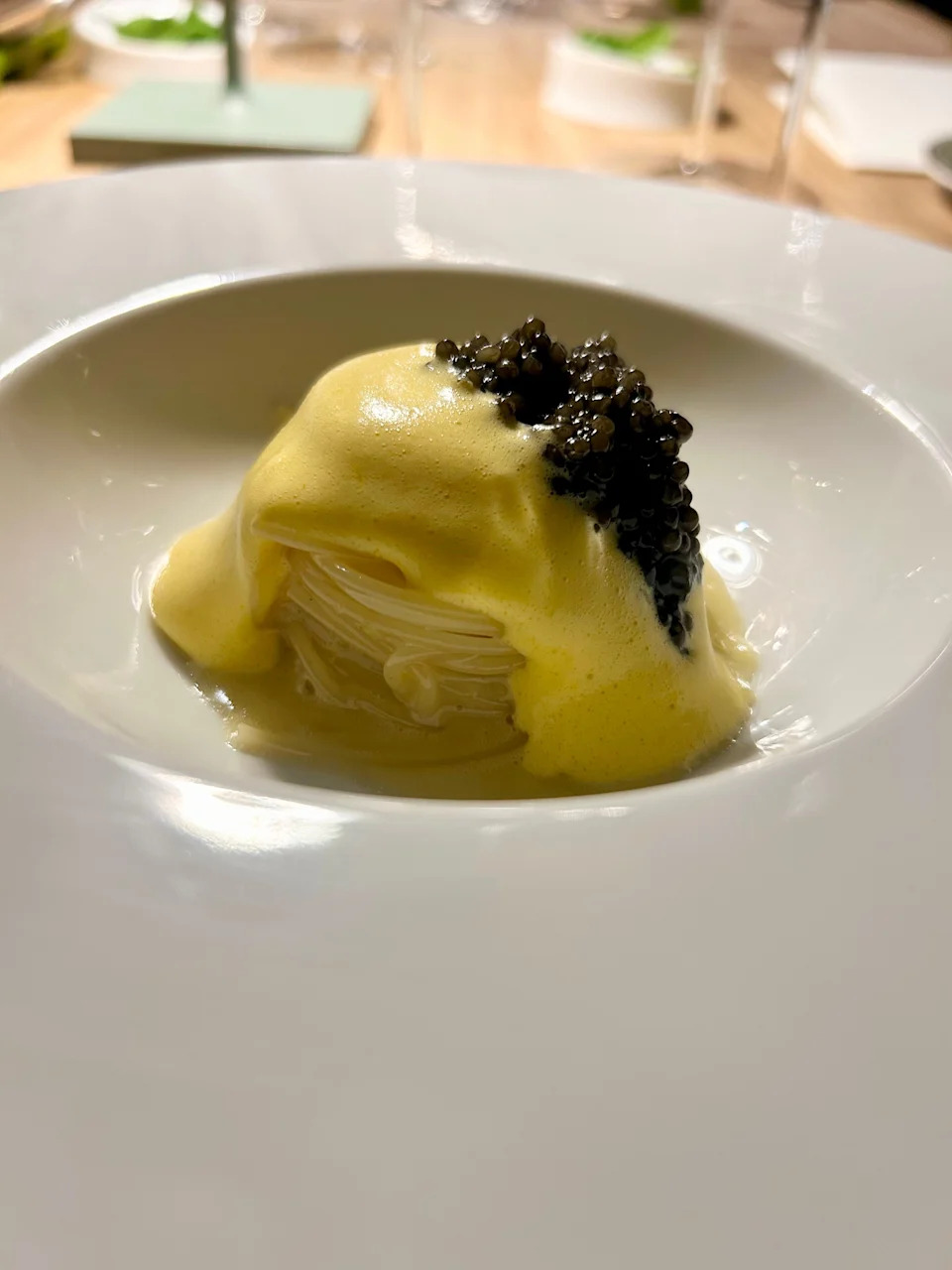 Sturgeon spaghetto uses Sturgeon dashi zabaglione and smoked Royal Oscietra caviar.