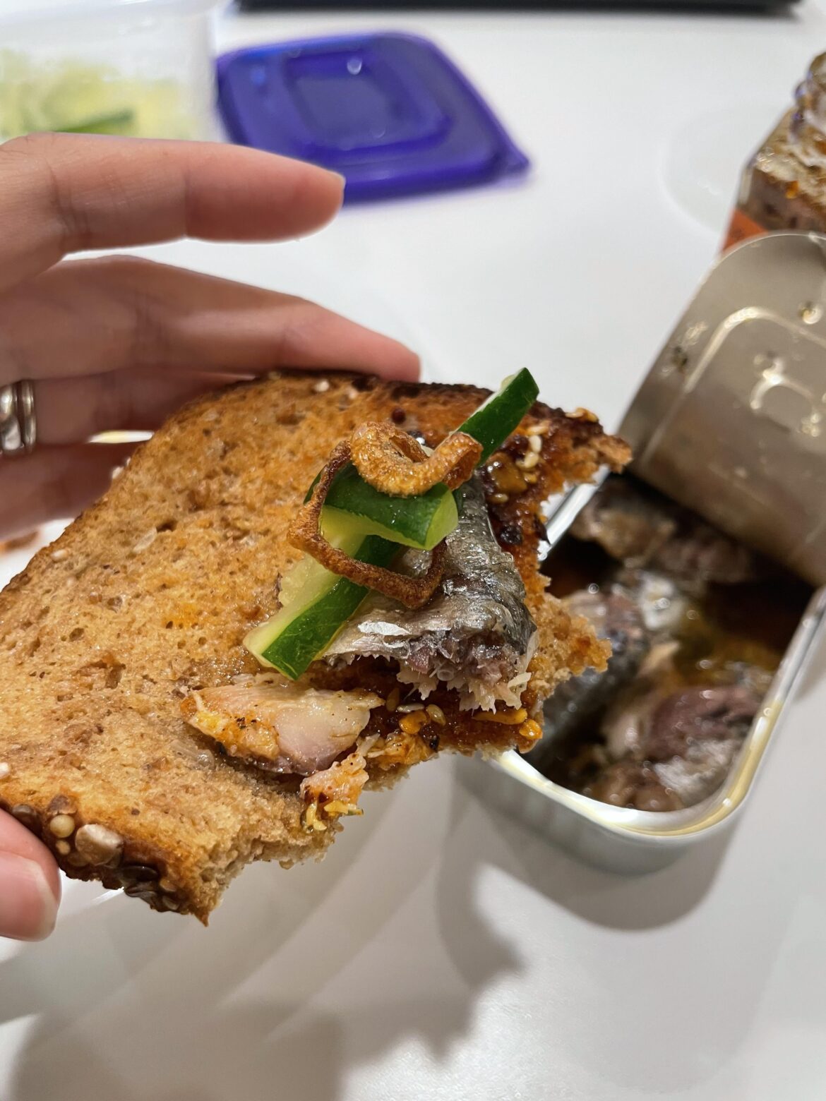 Garlic salt zucchini + nut and seed chili oil + fried shallot + buttered toast + spiced sardines :)