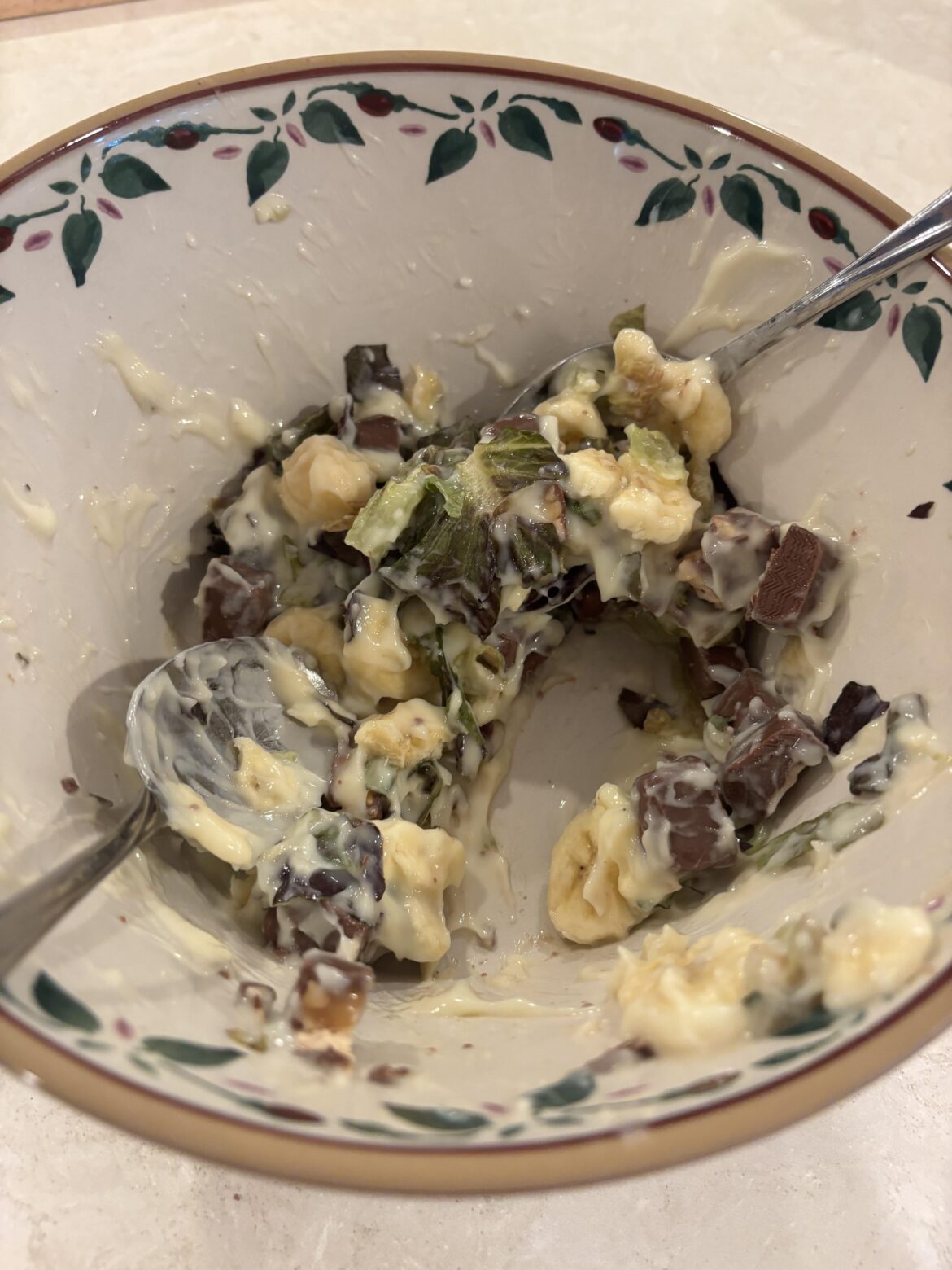 My mom made a salad made of Snickers bars, lettuce, chopped bananas, and vanilla pudding dressing.