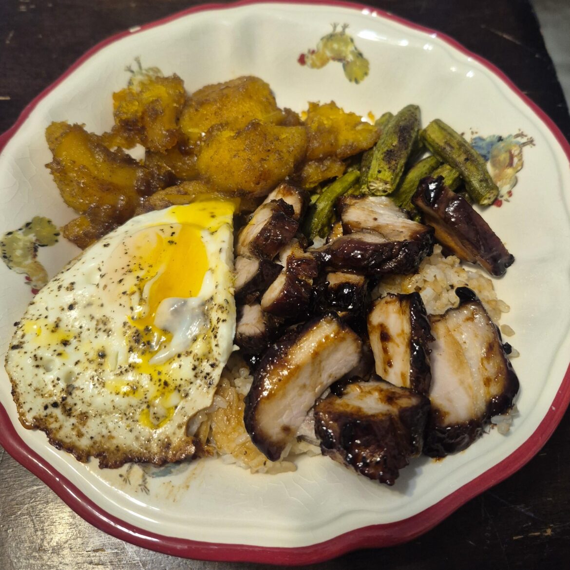 KBBQ Sauce Roasted Pork Belly, Sweet Dumpling Squash, Okra, Runny Egg