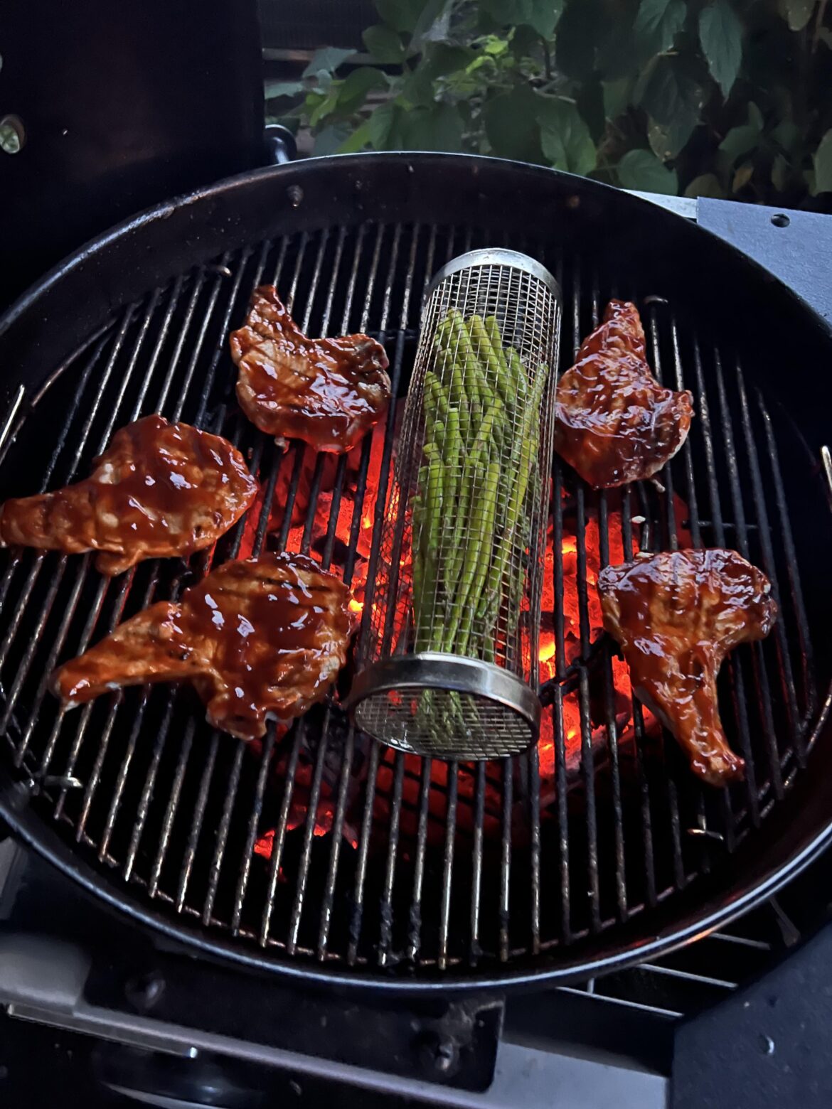 BBQ bone in, thin cut pork chops and asparagus.