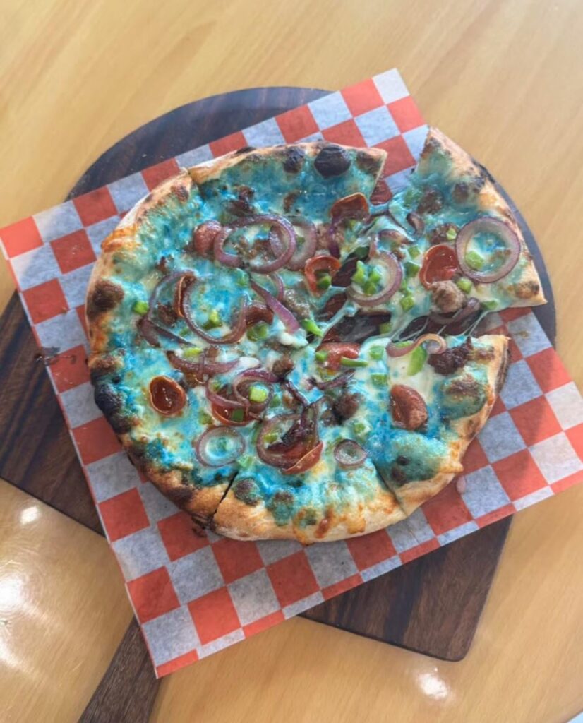 Local pizza place’s pizza of the month. “Honolulu Blue”