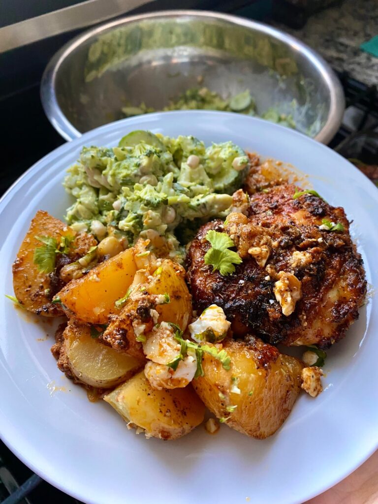 greek chicken and potatoes + creamy cucumber, broccoli, and avocado salad