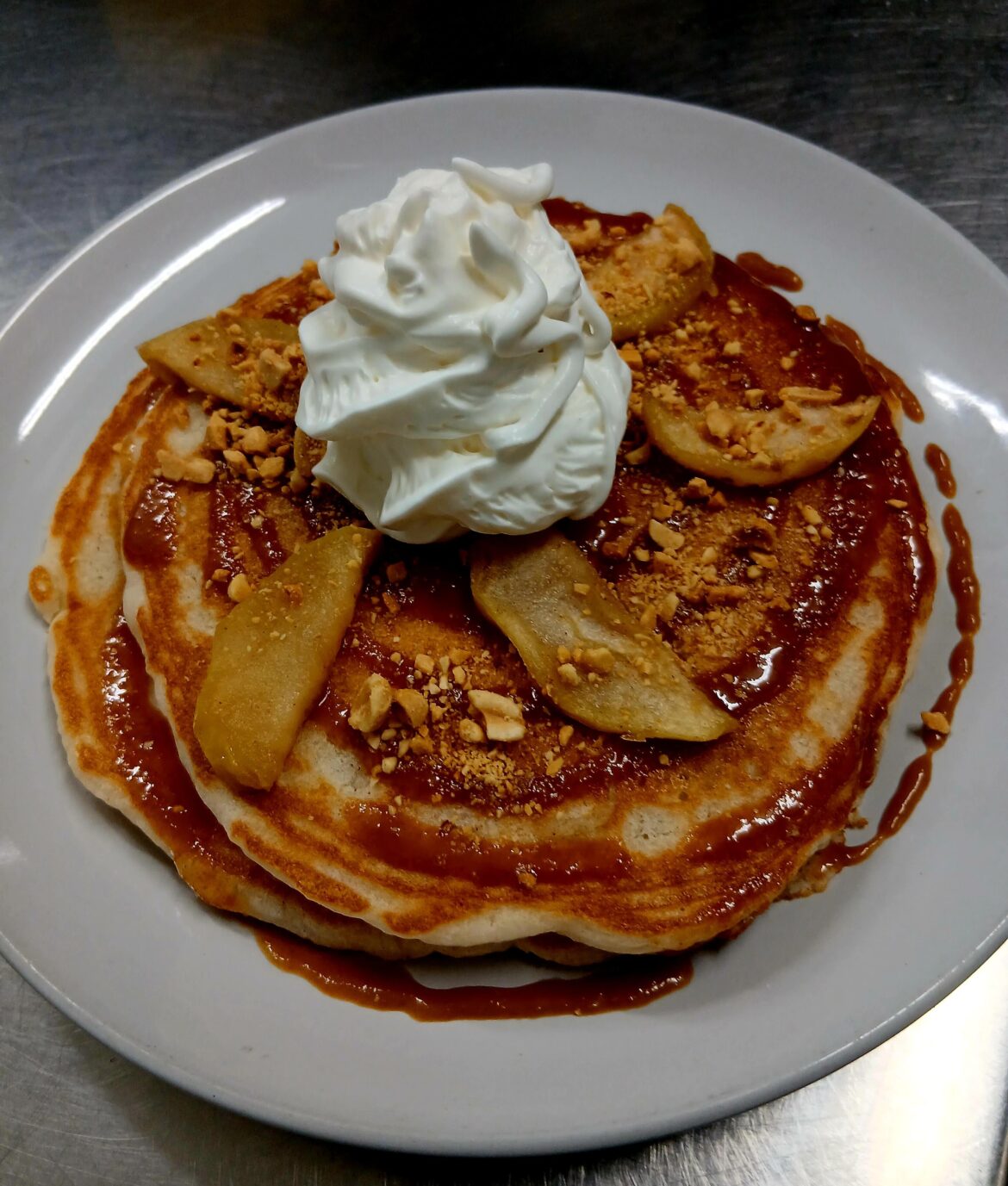 Special I Ran Today: "Candied Apple Pancakes" With Roasted Ginger Golds, Spiced Apple Brandy Caramel, and Peanuts