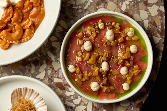 Yellow fin tuna with pineapple, green chilli, lemon and koji mayonnaise.