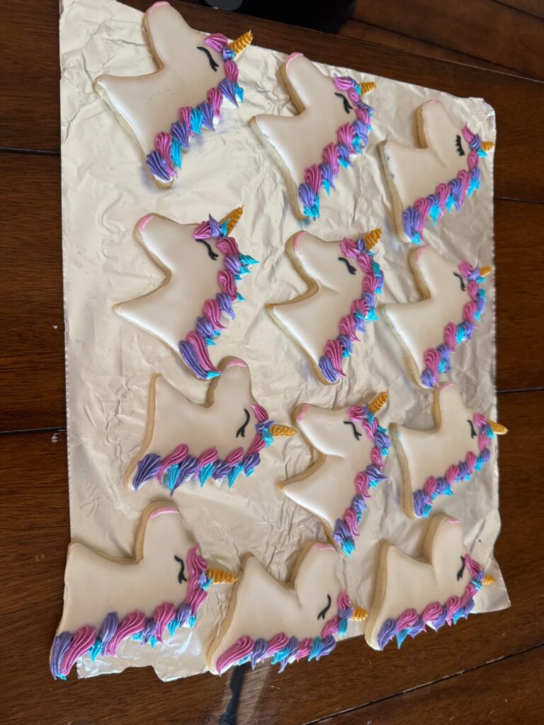 A for Adley birthday unicorn cookies for a coworkers’ child. Goes with the cake I’m making her, too.