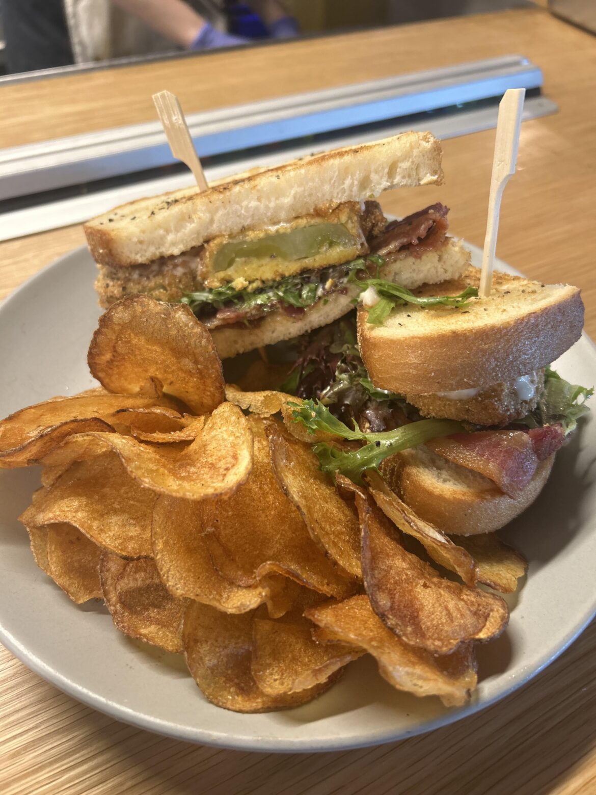 Fried green tomato BLT with scratch lemon aioli