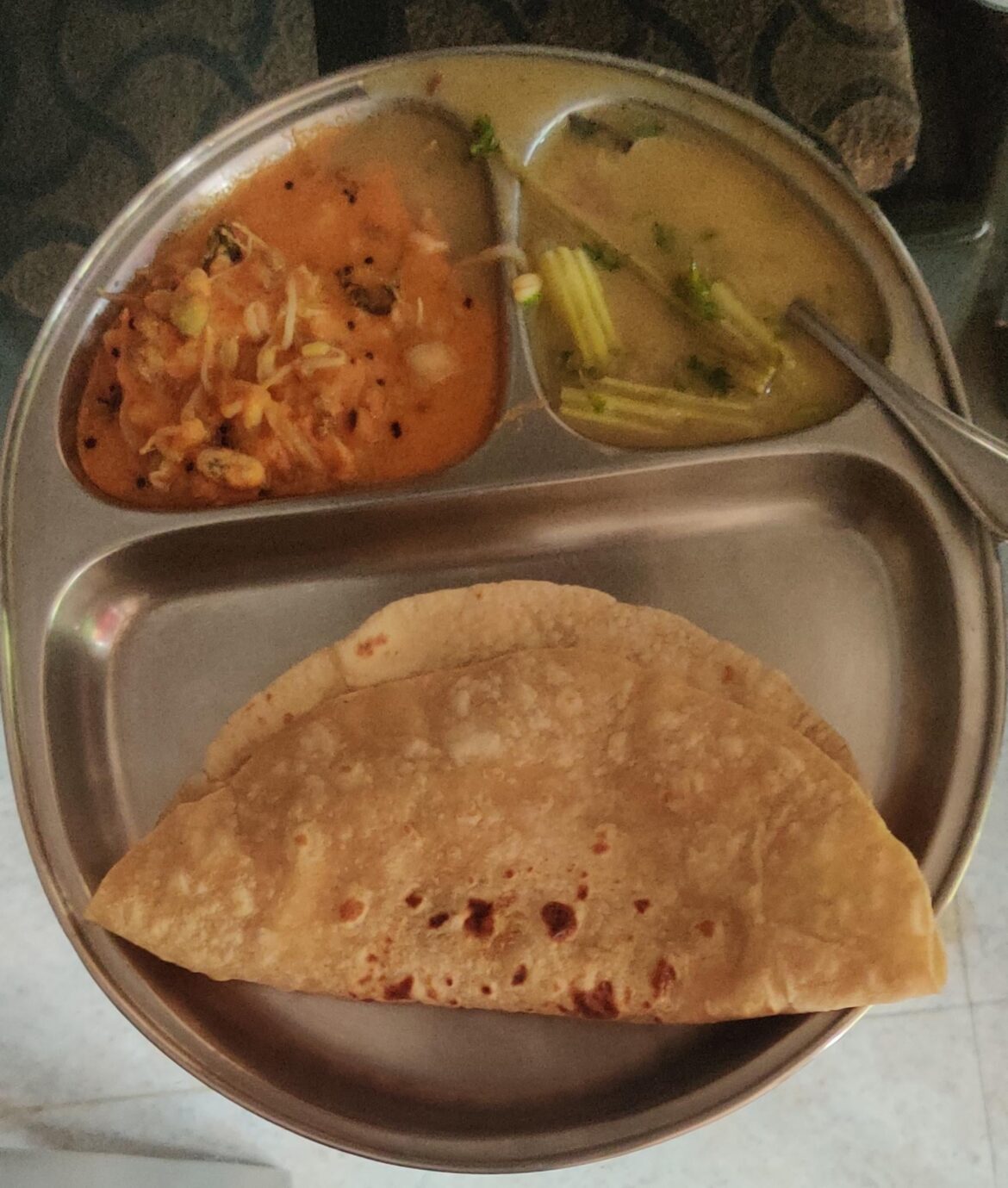 Mixed sprouts curry, drumstick in dal stock and chapati for lunch