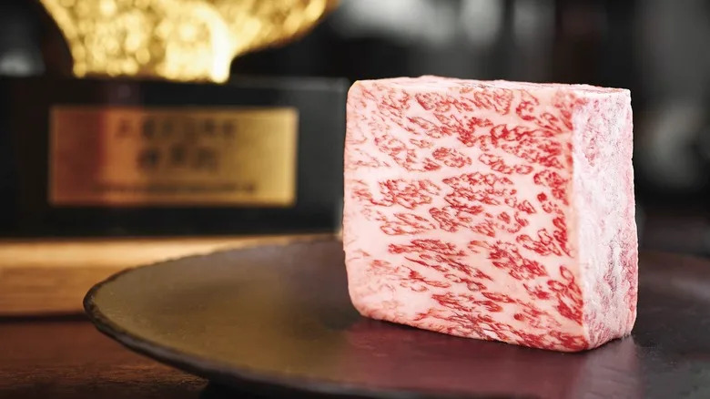 Block of Kobe beef on table