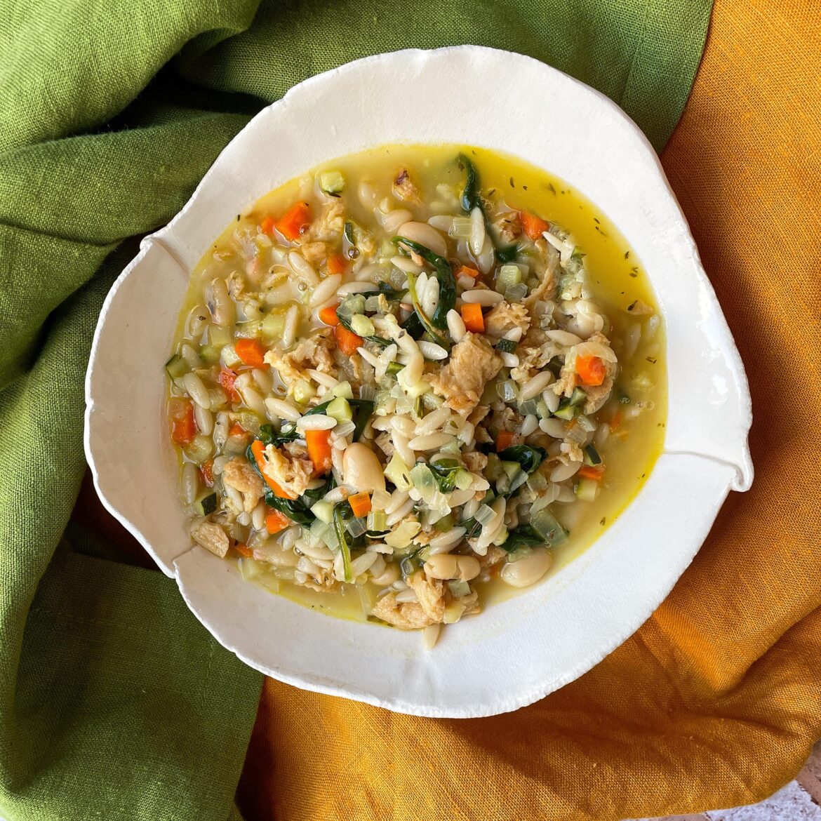 “Chicken,” Veg & Orzo Soup (V)