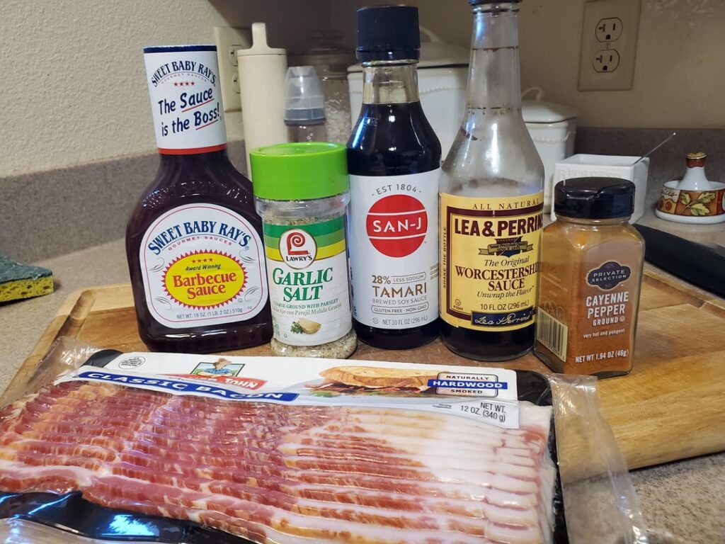 Honey Glazed Salmon, Bacon wrapped BBQ Shrimp, Mashed taters & some green stuff