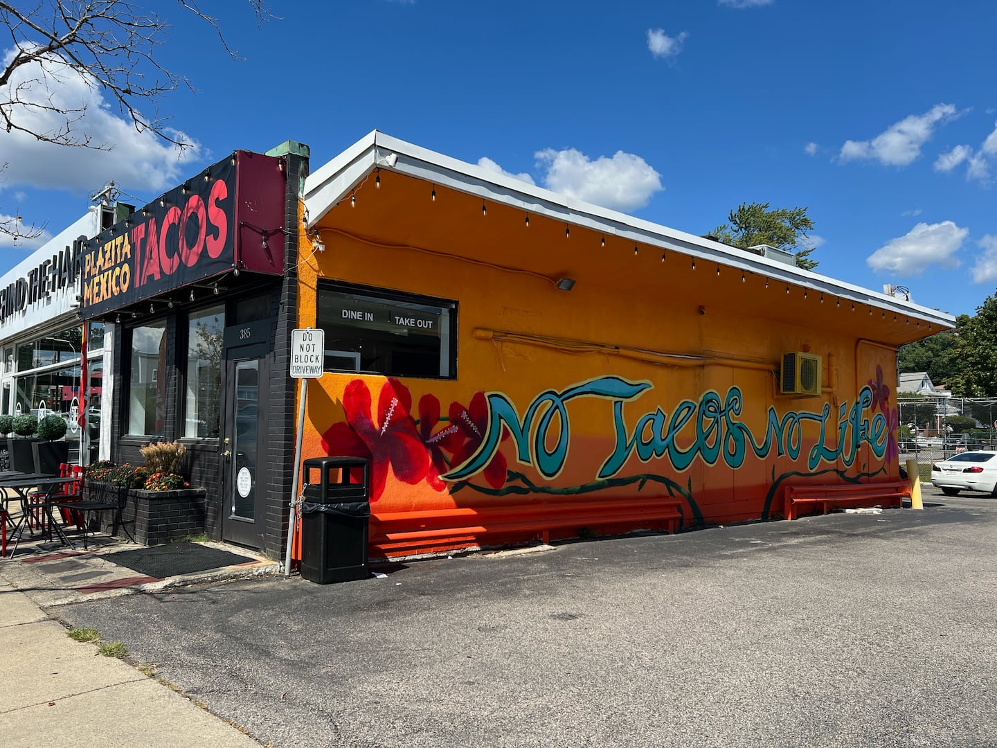 On the side of Plazita Mexico Tacos in Watertown are the words "No Tacos No Life."