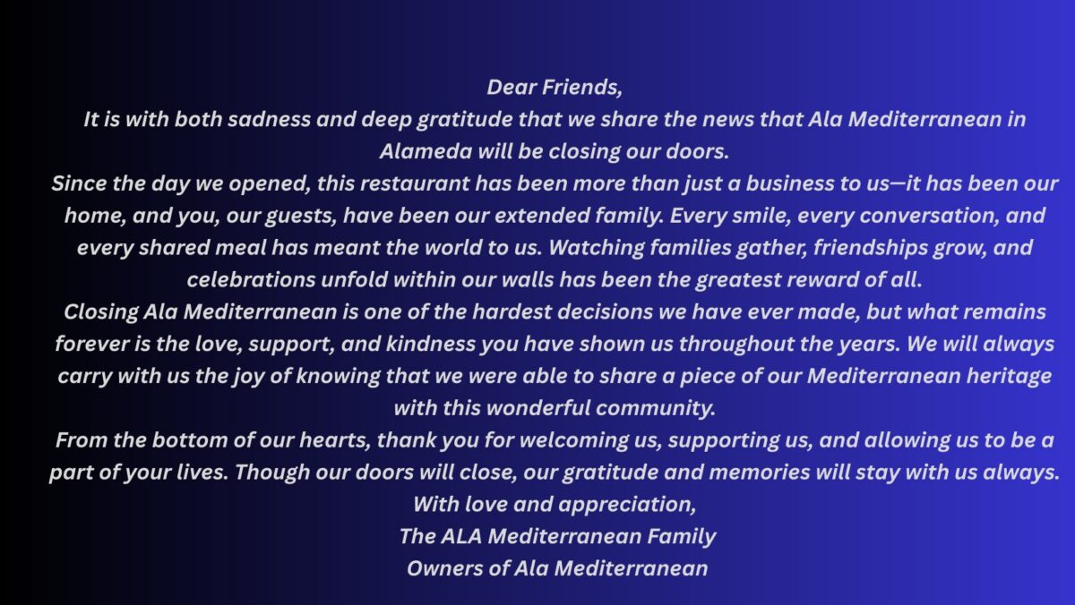 Alameda Post - a screenshot of a goodbye message from Ala Mediterranean