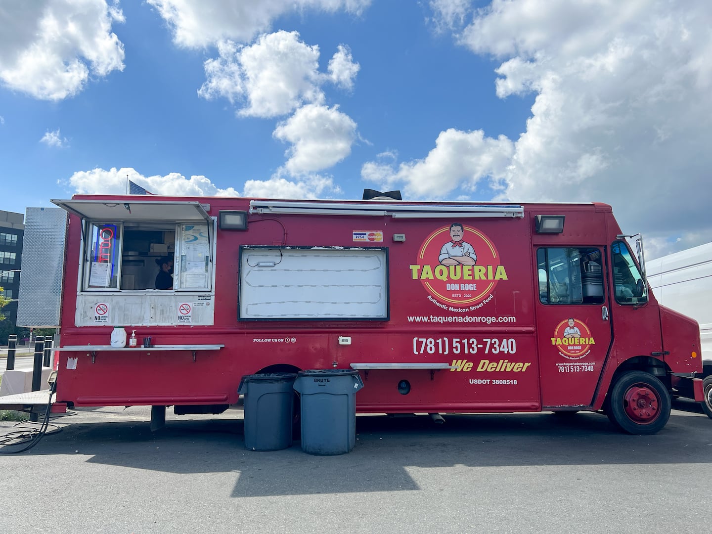 The Taqueria Don Roge truck is parked in a lot on Revere Beach Parkway in Everett.