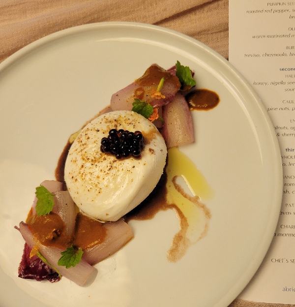 Burrata with treviso, chermoula, brown butter honey, mint