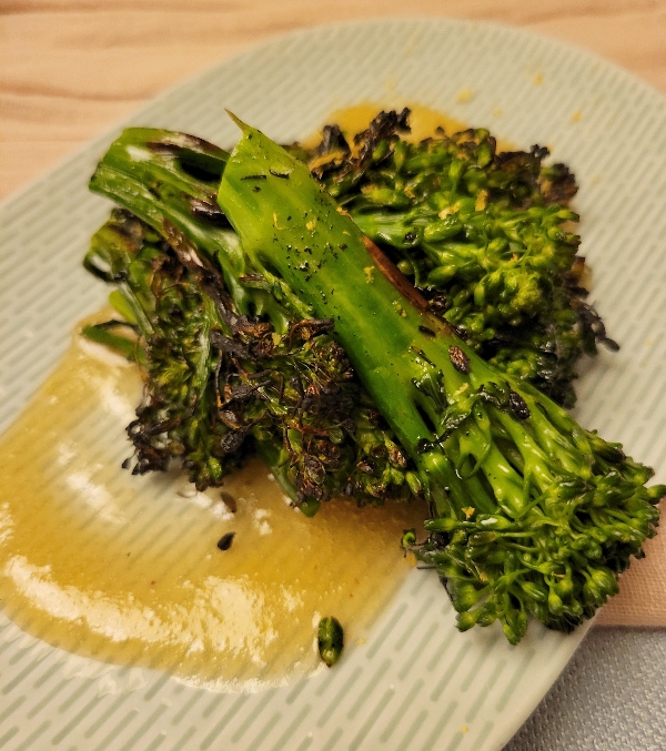 Charred Broccolini with lemon marmalade, zest and vinaigrette.