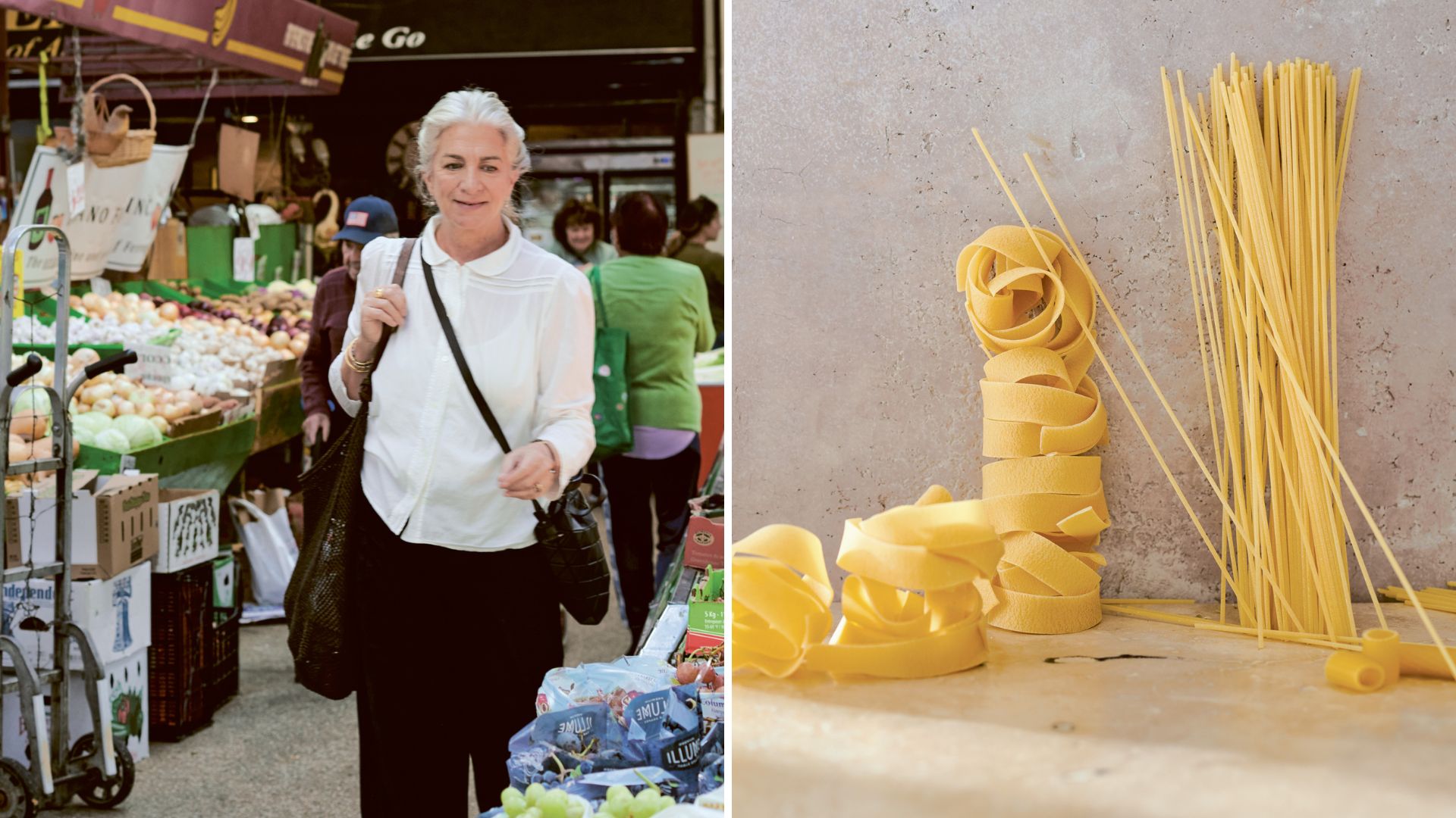 Lucinda Scala Quinn shopping at a market on the left and a styled shot of dried pasta on the right