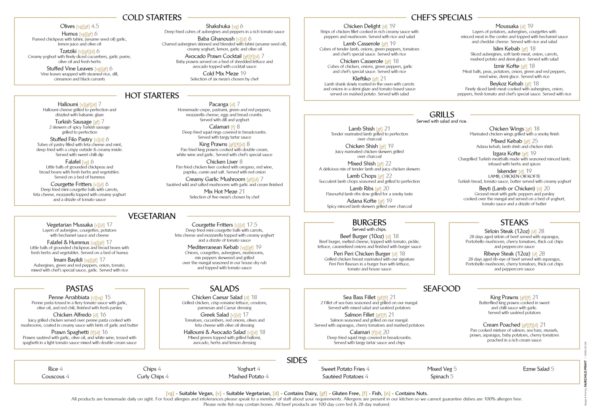 Heaven Restaurant Stone menu featuring cold and hot starters, chef specials, grills, seafood and vegetarian dishes.