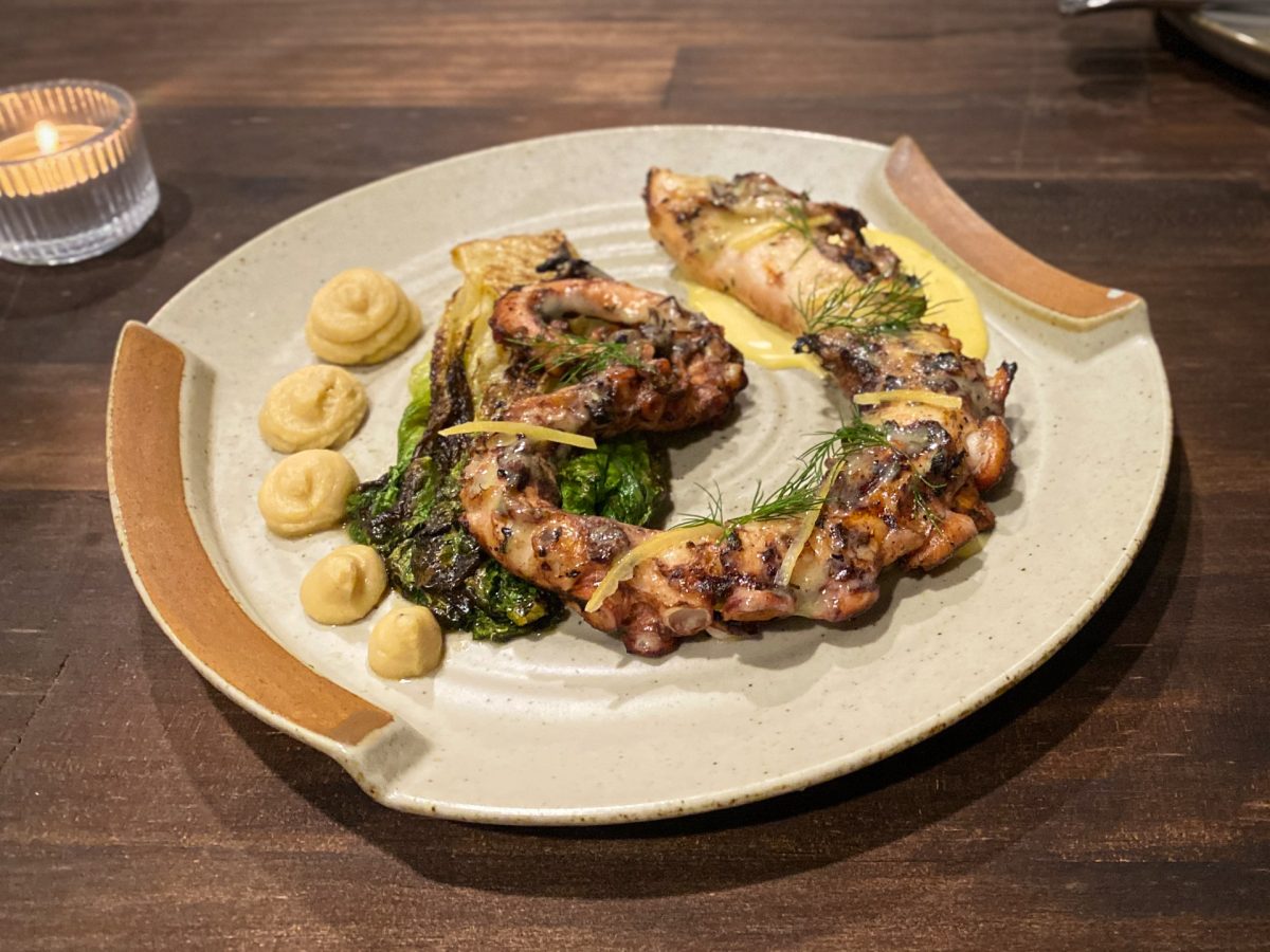 Grilled octopus tentacle on a plate.