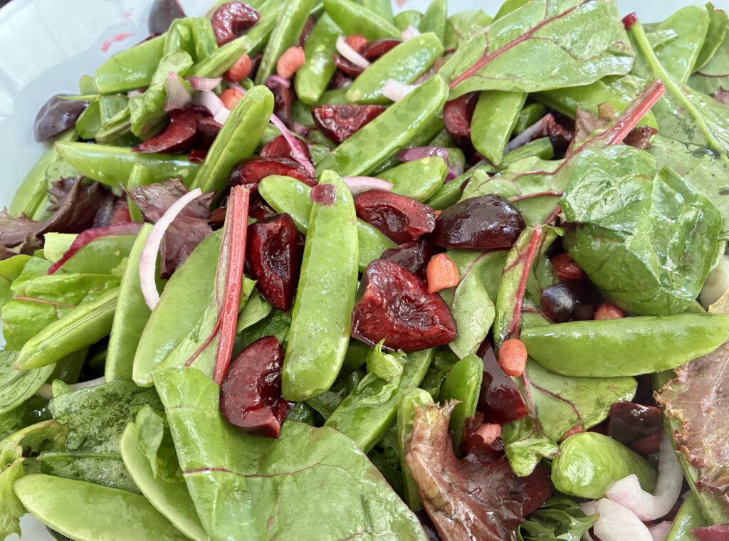 Sugarsnap pea and cherry salad