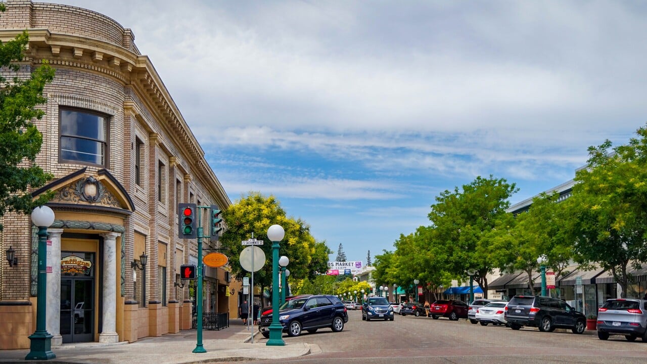 Lodi, California, USA - June 6th, 2018: Downtown area in late spring with beautiful blue sky