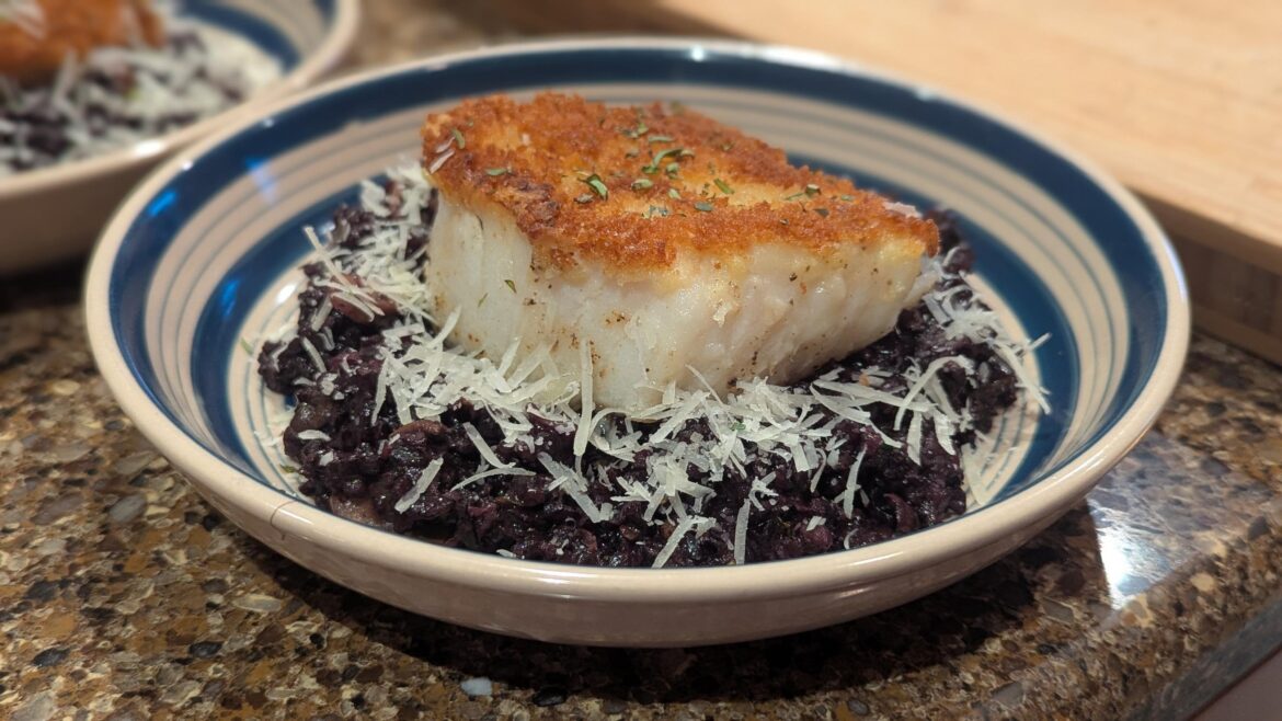 Chilean Sea Bass with Kenji's recipe. Forbidden rice risotto with my own recipe.