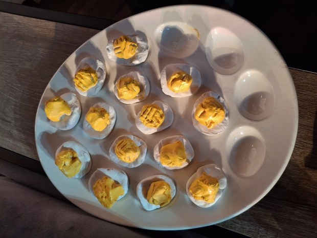 Devilled Eggs,made of self-hardening clay and Superglue, Don't they look delish?! (SALLY CRAGIN)