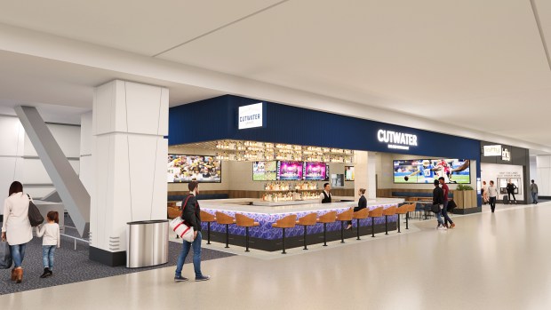 An artist rendering of Cutwater Spirits' bar inside the new Terminal 1 of of the San Diego International Airport. (San Diego International Airport)