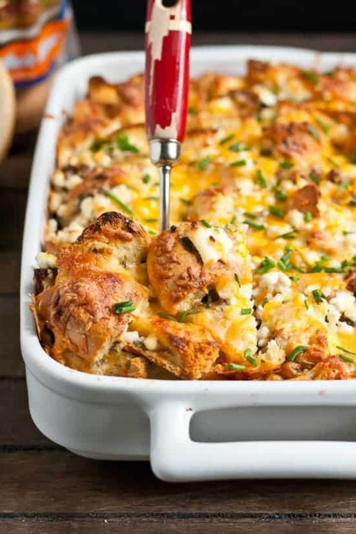 These 35 Scrumptious Make Ahead Brunch Casseroles will make your life over the holidays so much easier. Plus, everyone will be delighted with any one of these casseroles for the holidays. Baking dish full of bagel strata.