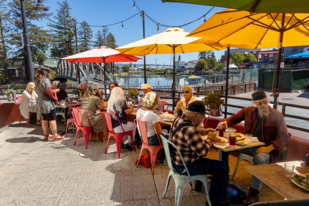 Outside seating at the turning basin at Water Street Bistro Thursday, Aug. 29, 2025 in Petaluma. (John Burgess / Press Democrat)