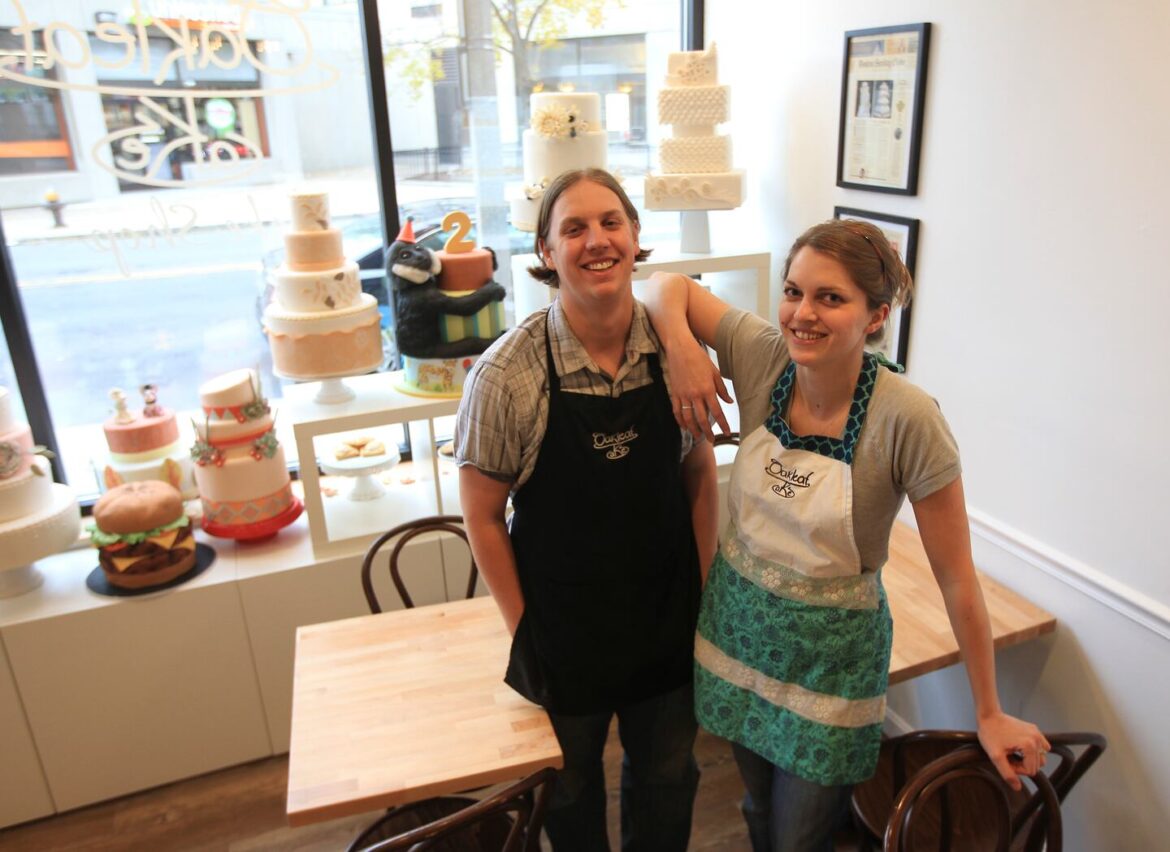 Cakes as seen on TV, now in the Fenway Tyler and Amanda Oakleaf in their Boston bakery-cafe.