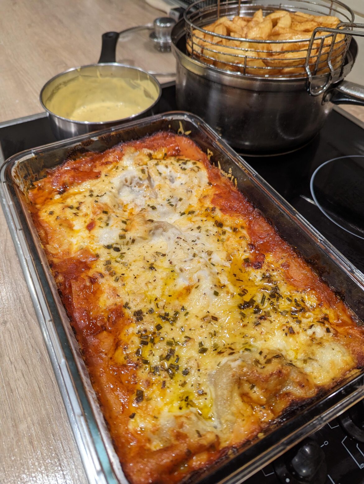 Homemade Lasagne, Chips & Blue Cheese Sauce