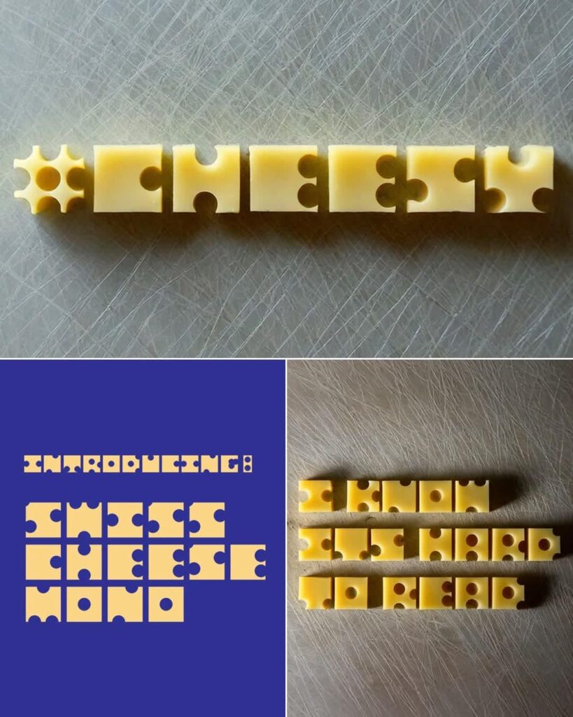 Swiss Cheese Mono: a hole-filled typeface inspired by Emmental. Designed by Rob, this monospaced font turns every letter into a playful nod to cheese.