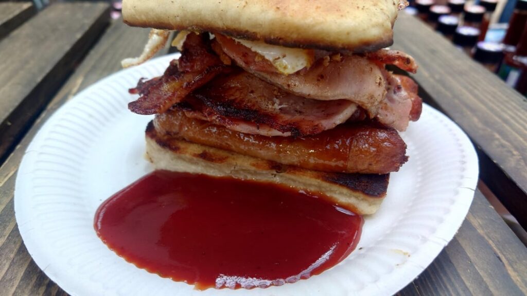 Sausage, Bacon, and Egg on Soda Bread at St. George's Market, Belfast.
