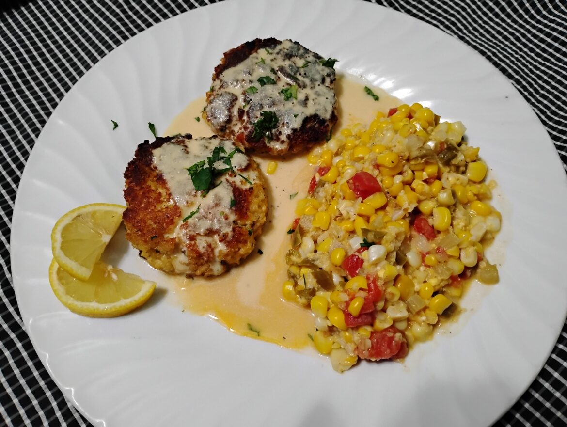 Maryland Style Crab Cakes With Creole Meunière Sauce and Cajun Maque Choux