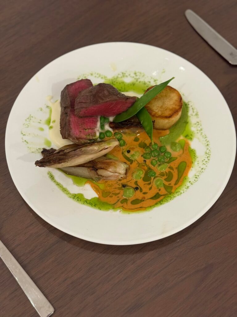 Help. Filet with potato puree, miso pea puree and whipped potatoes