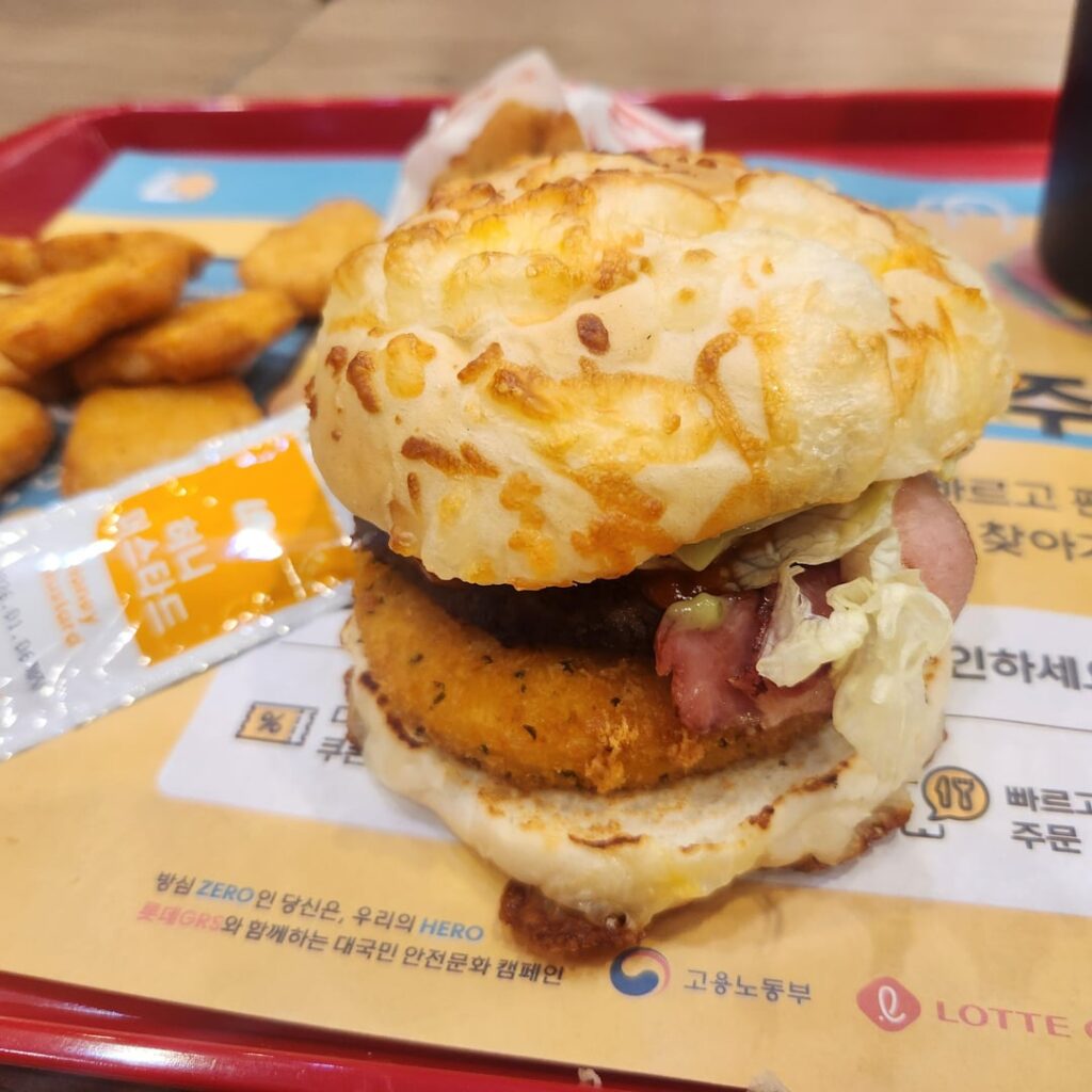 I had burger named "Tomato basil mozzarella burger and bacon" in Korean lotteria