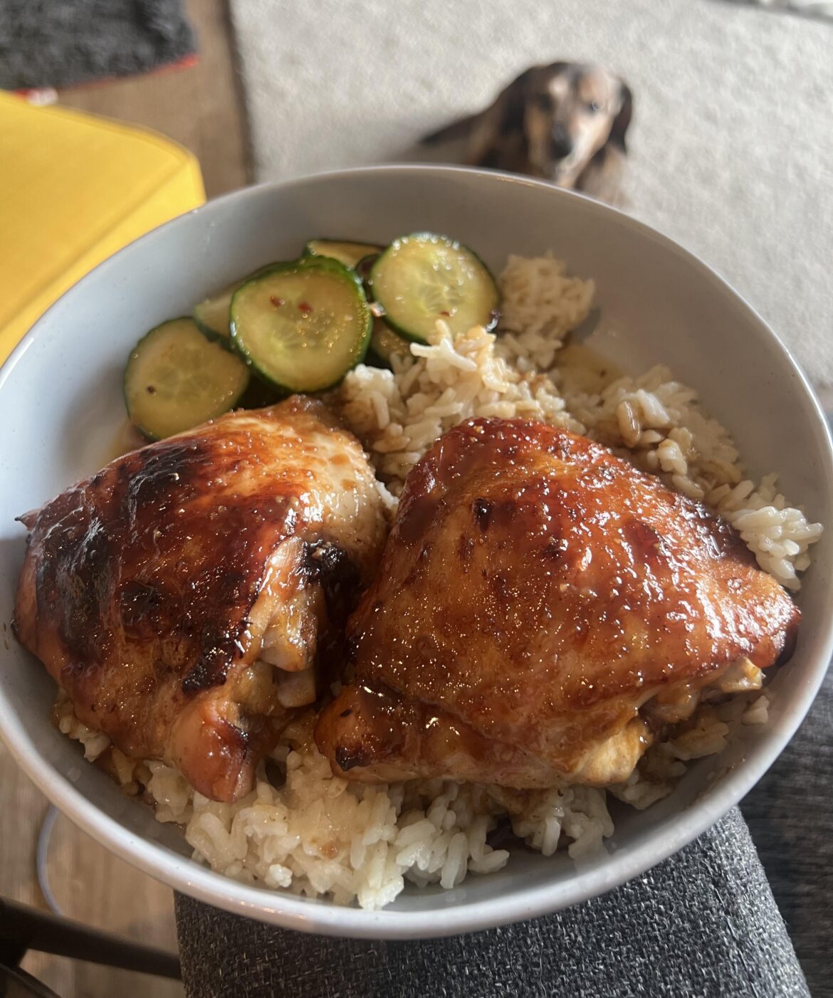 Char siu chicken thighs, spicy pickled cucumbers, and rice