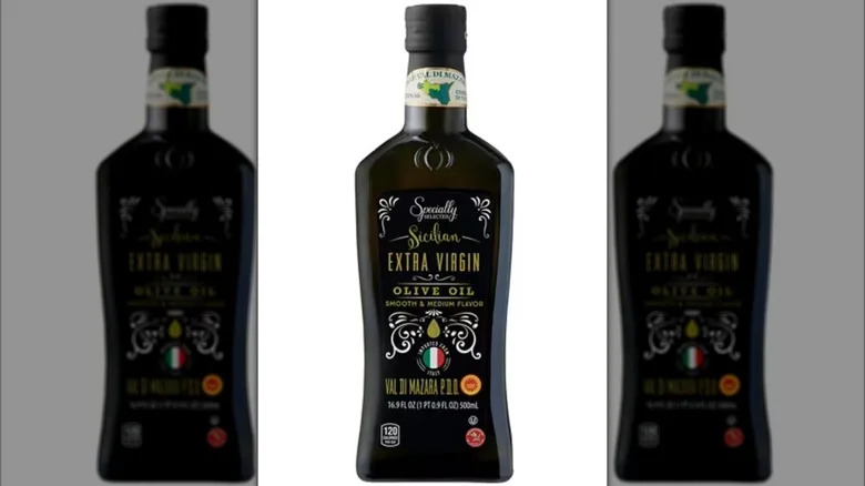 A bottle of Aldi Specially Selected Premium Sicilian Extra Virgin Olive Oil