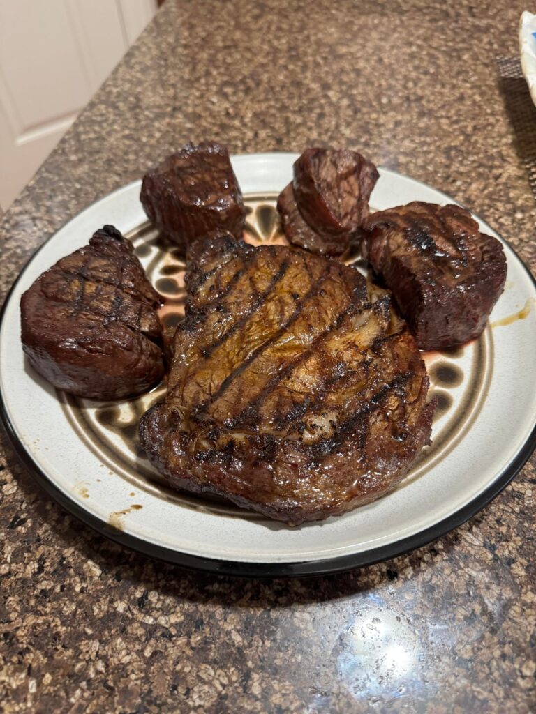 The little girl demands “daddy steak”