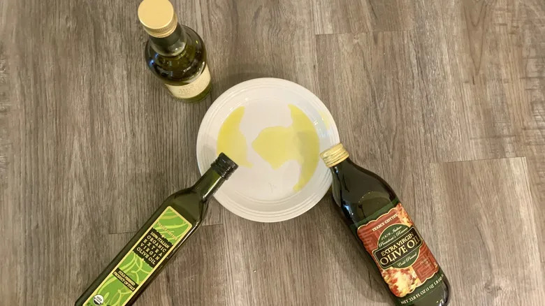 trader joe's olive oils and plate on table