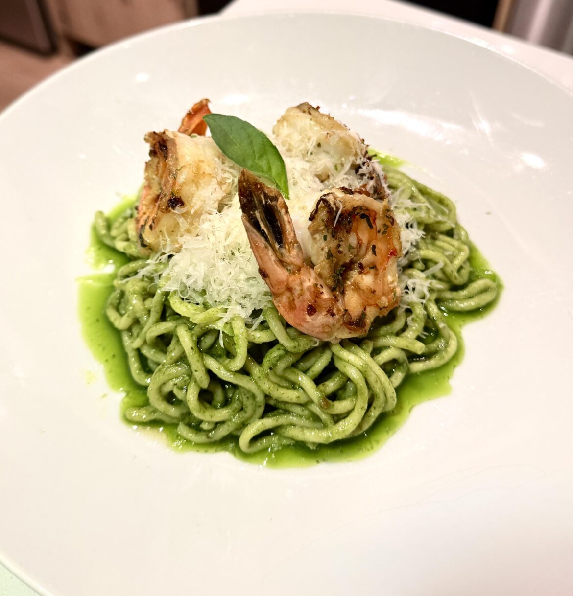 Tiger prawn, pesto and fresh pasta. All homemade.