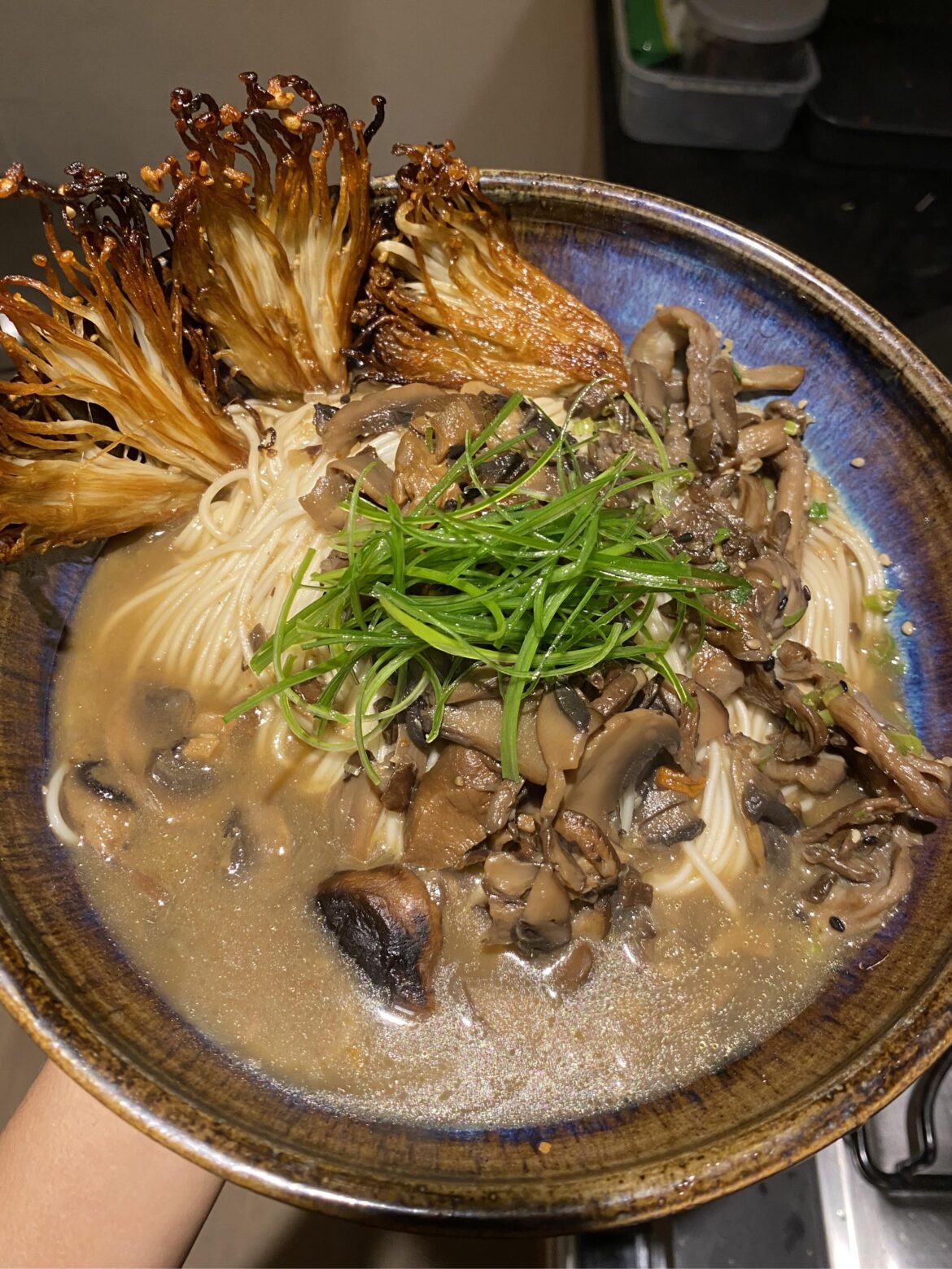 Homemade mushroom ramen with enoki, oyster, shiitake and chestnuts etcetc