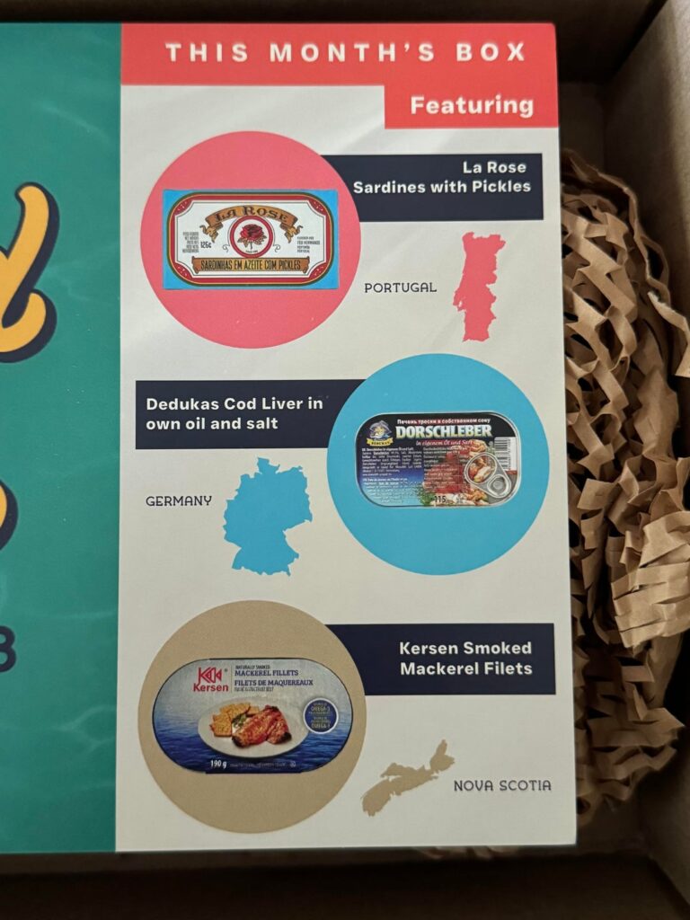 I opened my Tinned Fish Club box for this month… I am so scared / intrigued about the cod liver lol