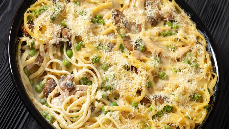 Close up of chicken tetrazzini in casserole dish