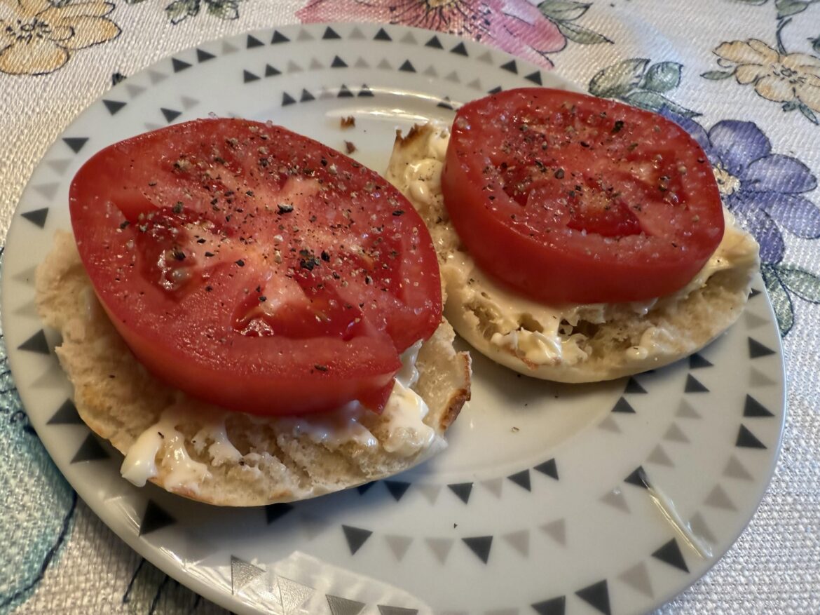 Buttermilk English muffin with mayo and homegrown tomato