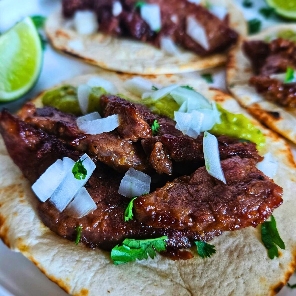 Steak Tacos with Creamy Avocado Tomatillo Salsa