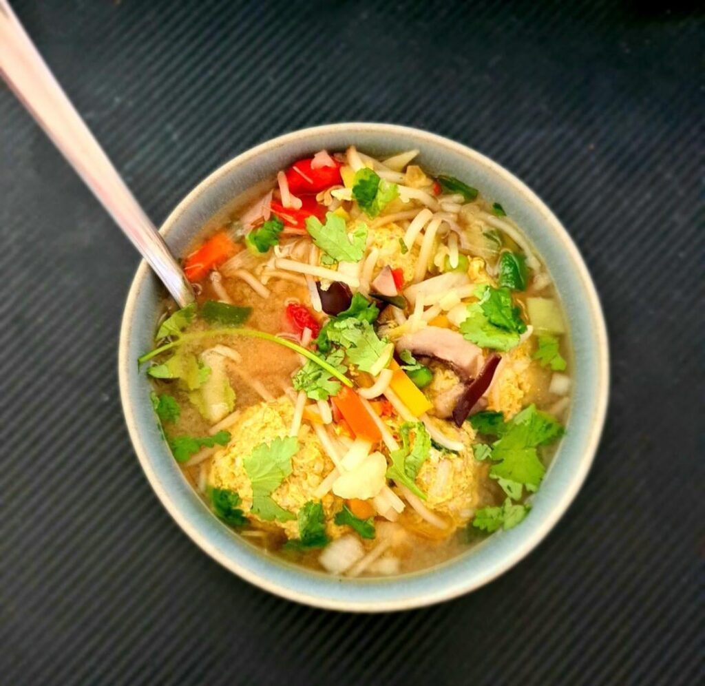 Chicken and rice balls & rainbow broth