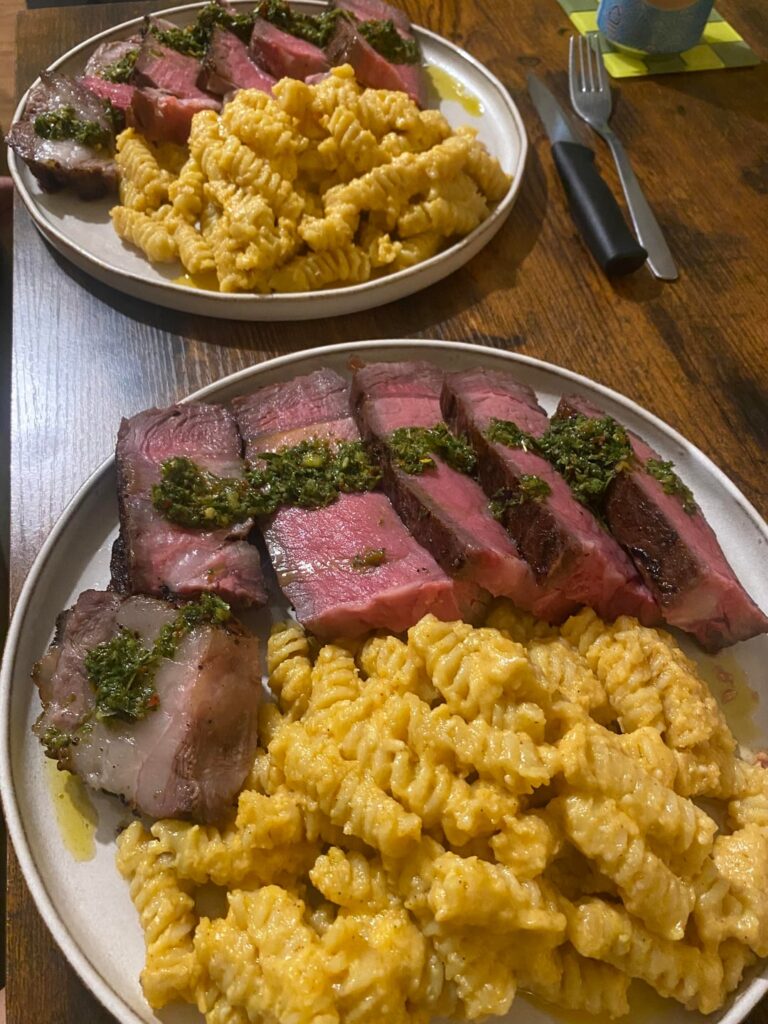 [Homemade] Tomahawk steak with mac & cheese and chimichurri sauce for my girlfriend's birthday dinner.